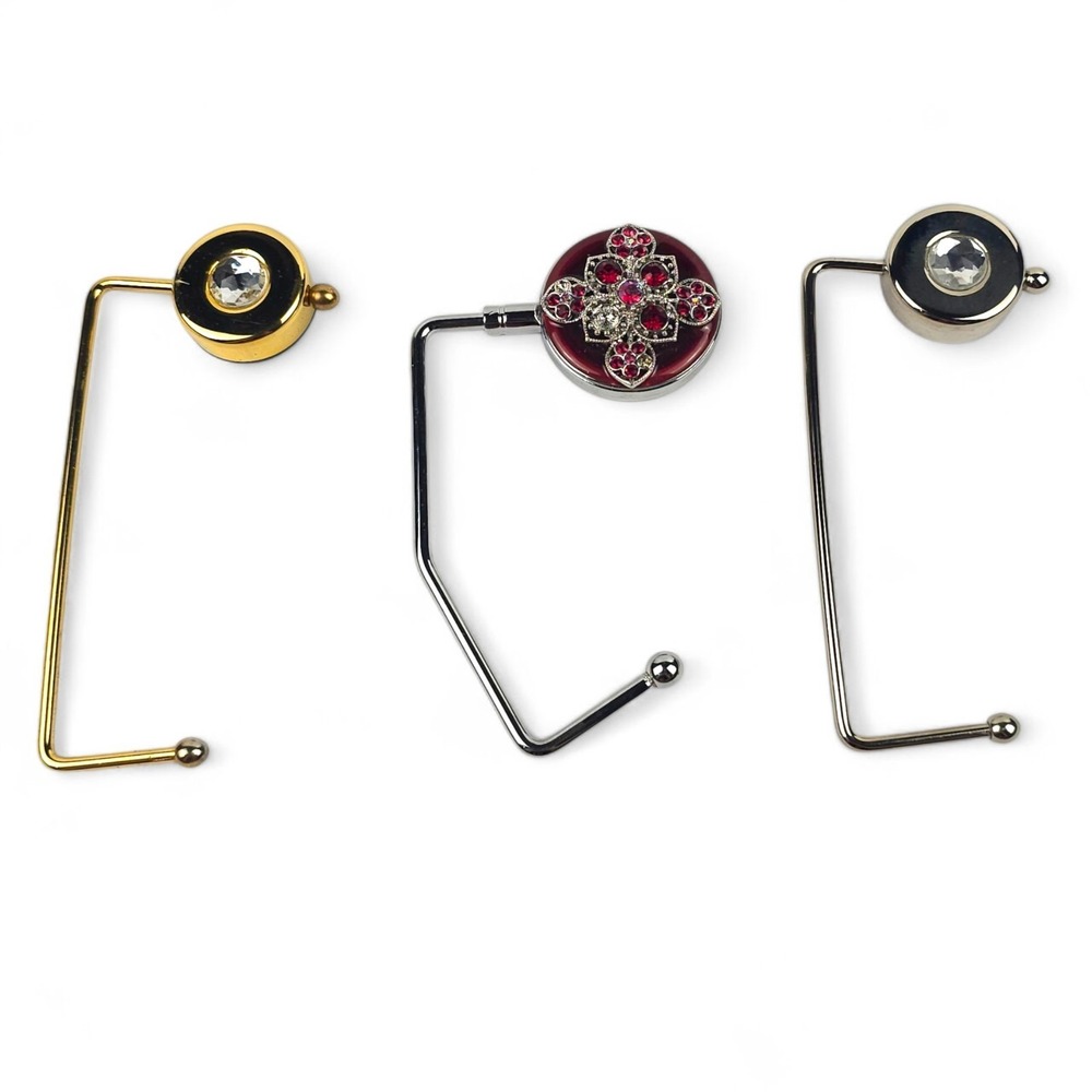 Lot of 3 Vintage Foldable Purse Hook Table Hanger Crystal Rhinestone Bag Holder